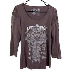 Affliction Live Fast Top Womens Medium Shirt Mineral Wash Lace Sheer Rhinestones